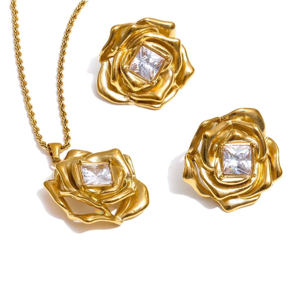 Collier Pendentif & Boucles d'Oreilles Fleur Zircone