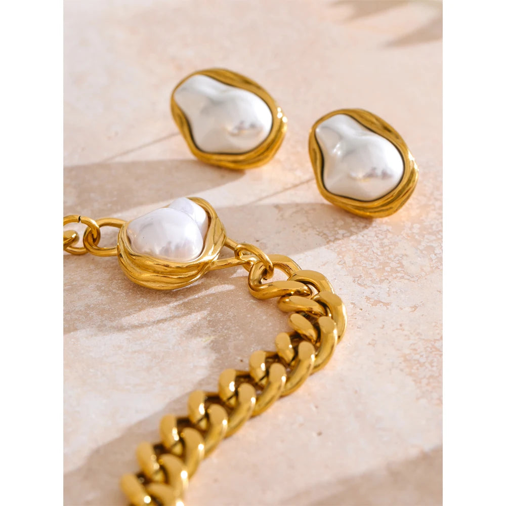 Baroque Pearl Cuban Chain Necklace & Earrings
