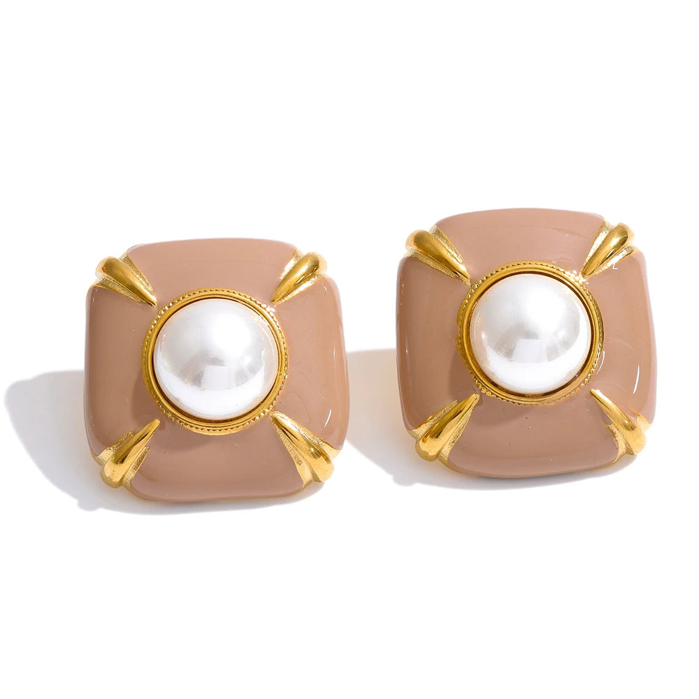 Enamel Pearl Square Studs