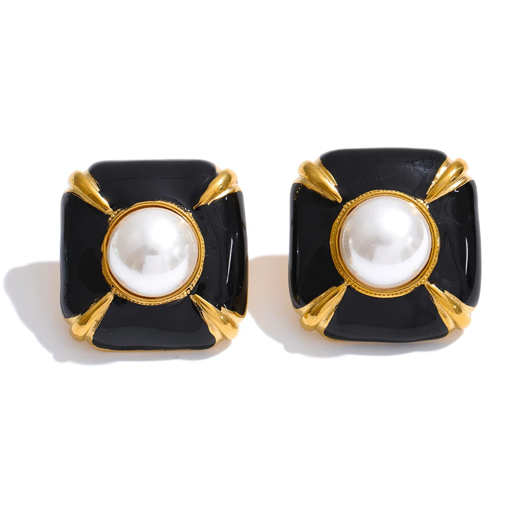 Enamel Pearl Square Studs