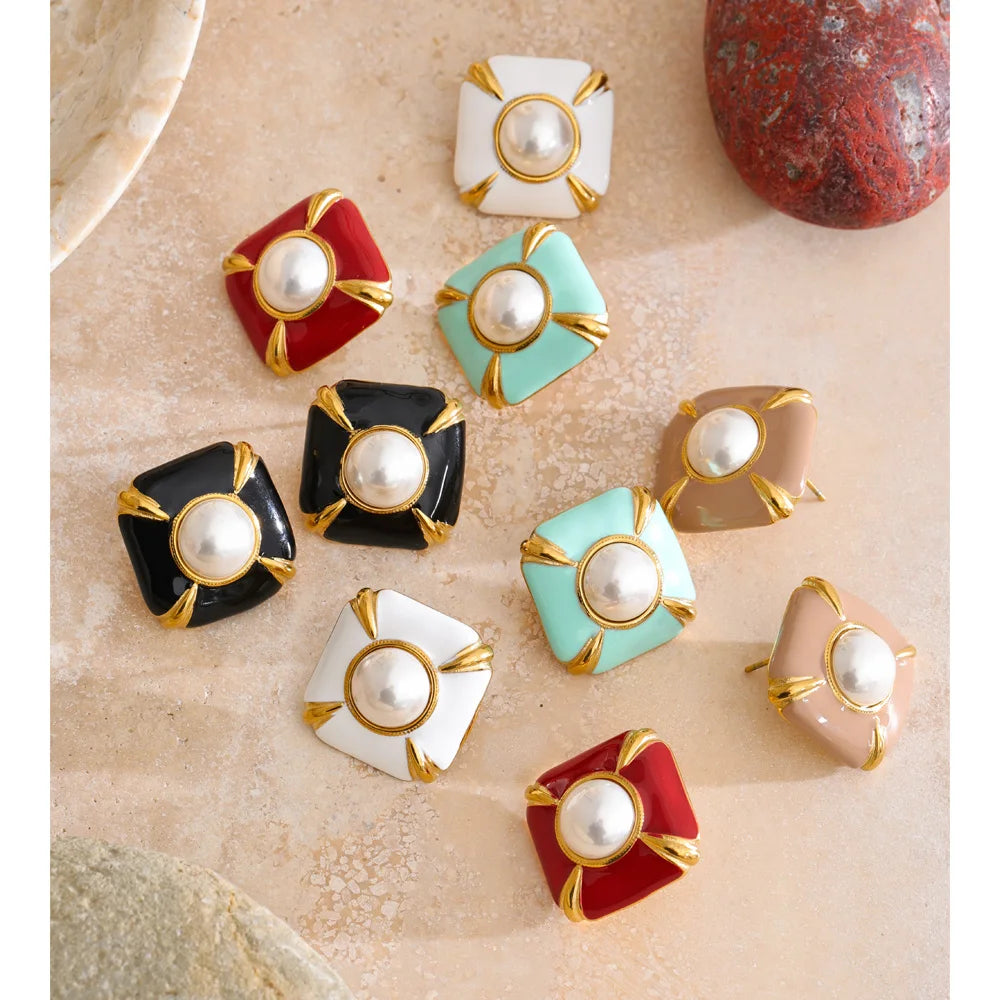 Enamel Pearl Square Studs
