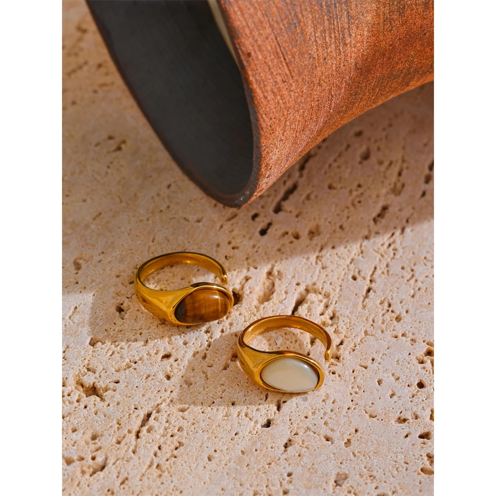 Sunset-Stein-Ring – Natürlicher Tigerachat & Muschel