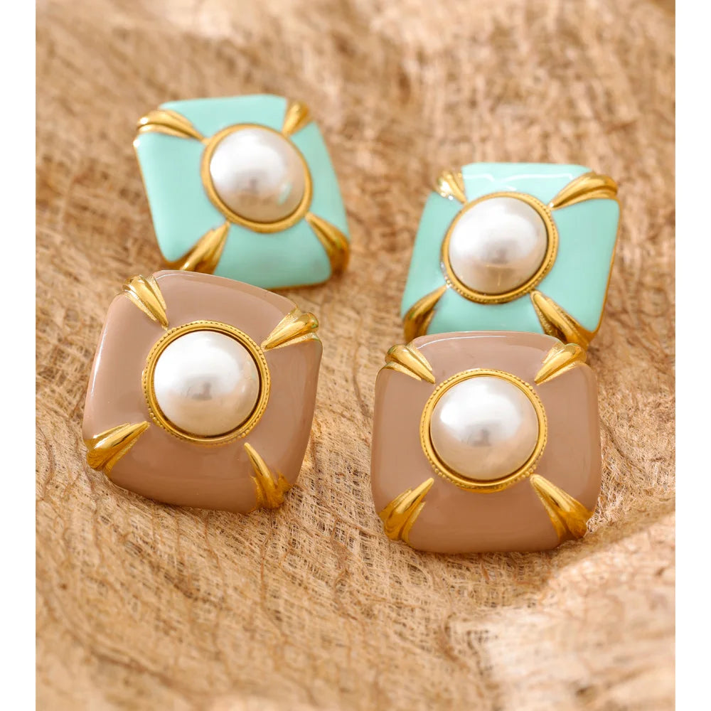 Enamel Pearl Square Studs