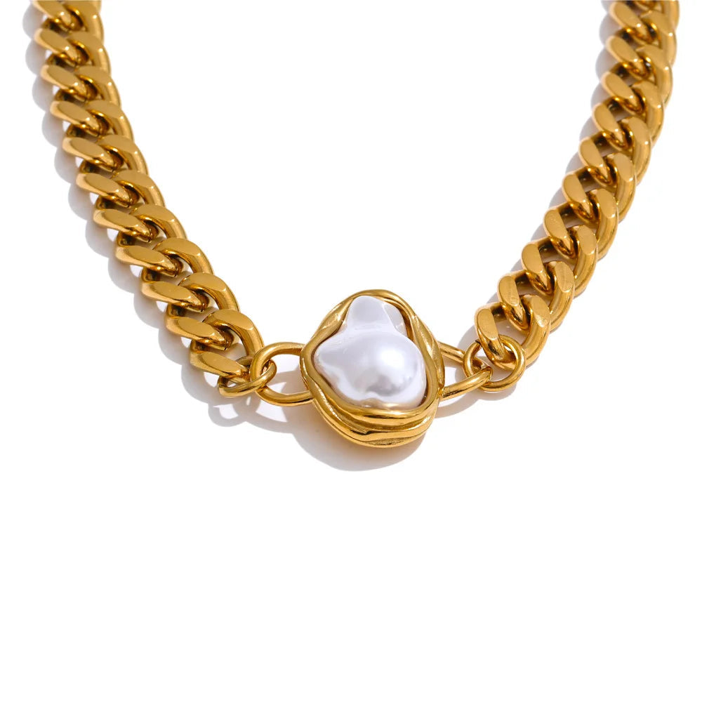 Baroque Pearl Cuban Chain Necklace & Earrings