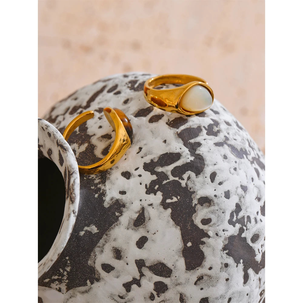 Sunset-Stein-Ring – Natürlicher Tigerachat & Muschel