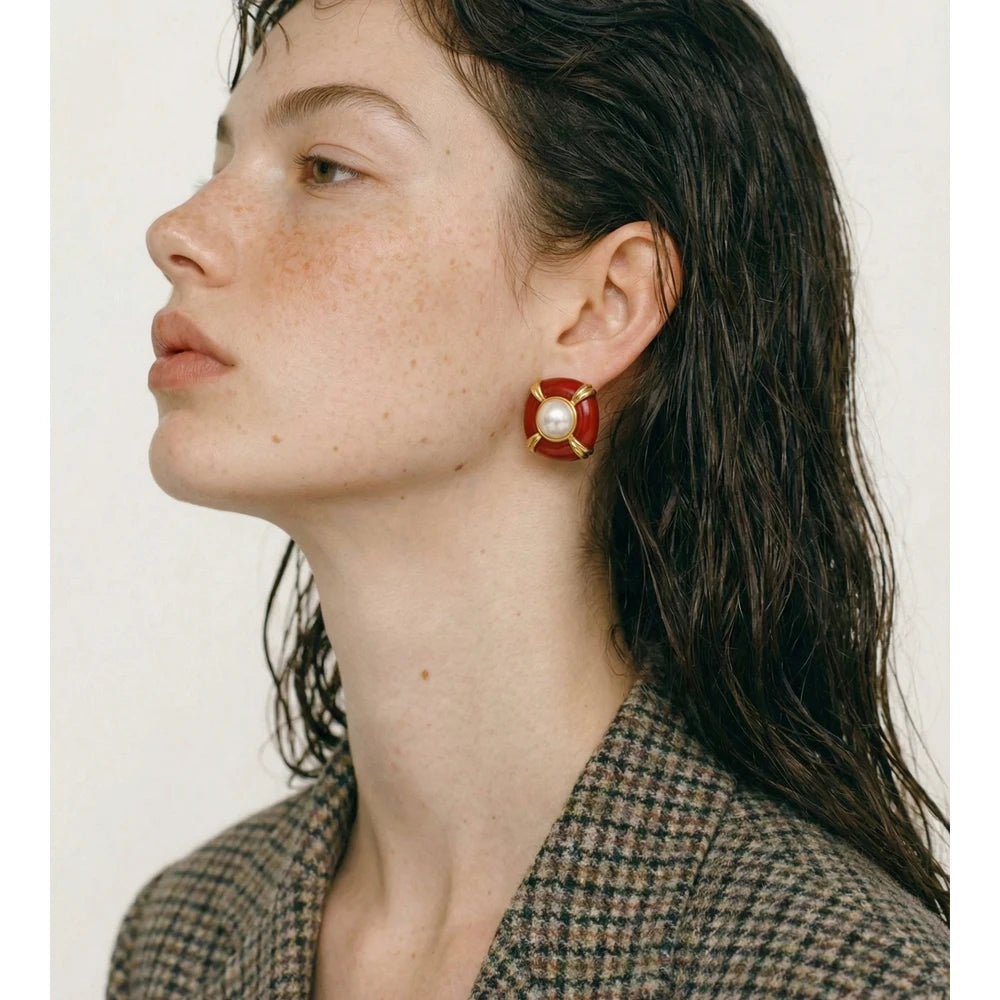 Enamel Pearl Square Studs