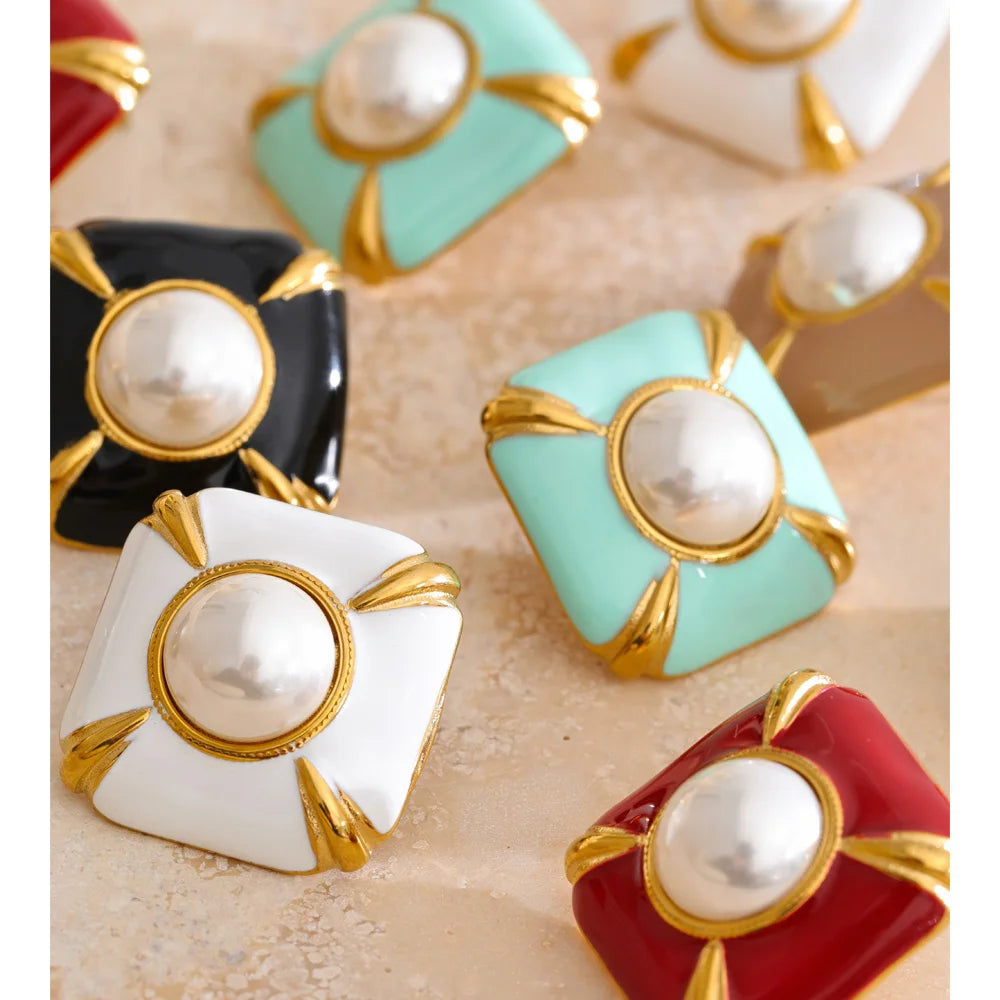 Enamel Pearl Square Studs
