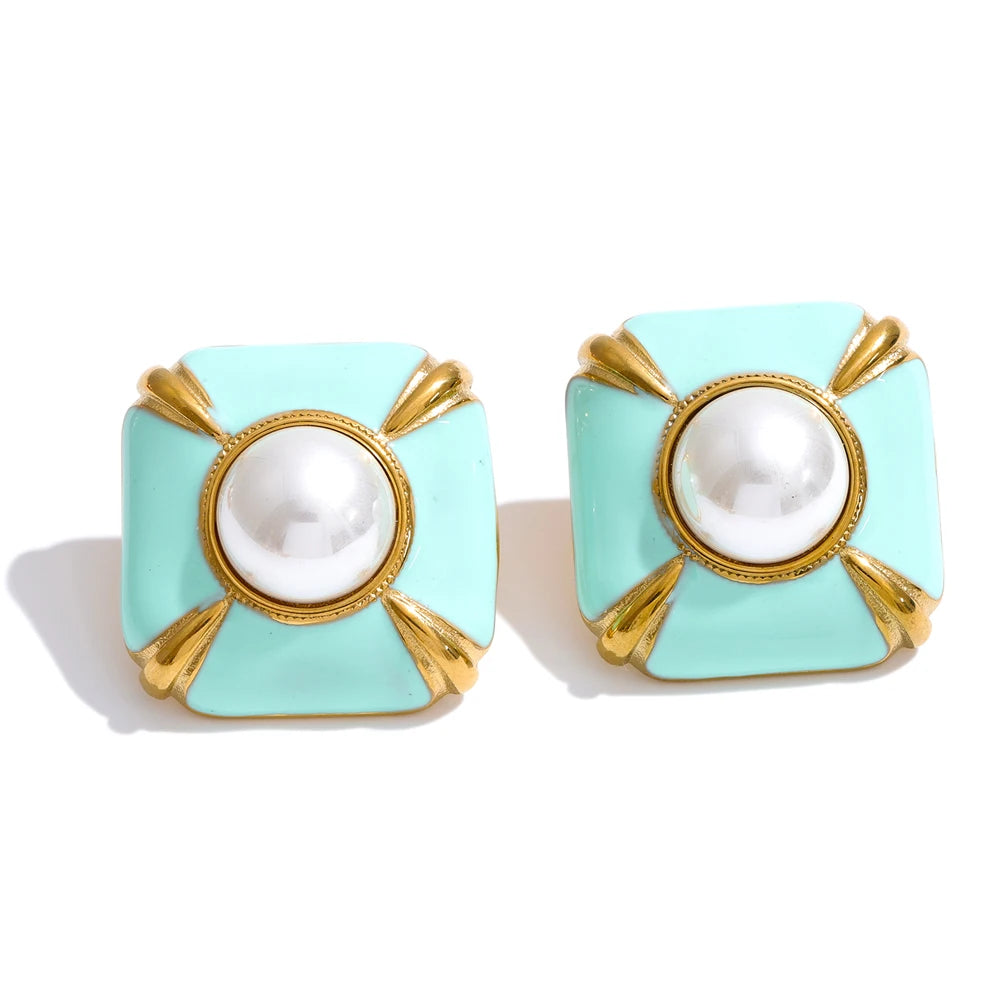 Enamel Pearl Square Studs