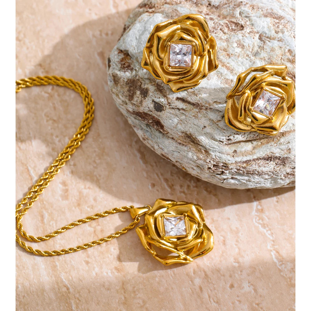 Collier Pendentif & Boucles d'Oreilles Fleur Zircone