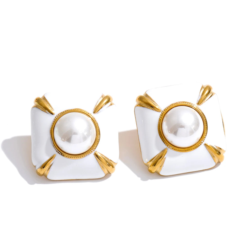 Enamel Pearl Square Studs
