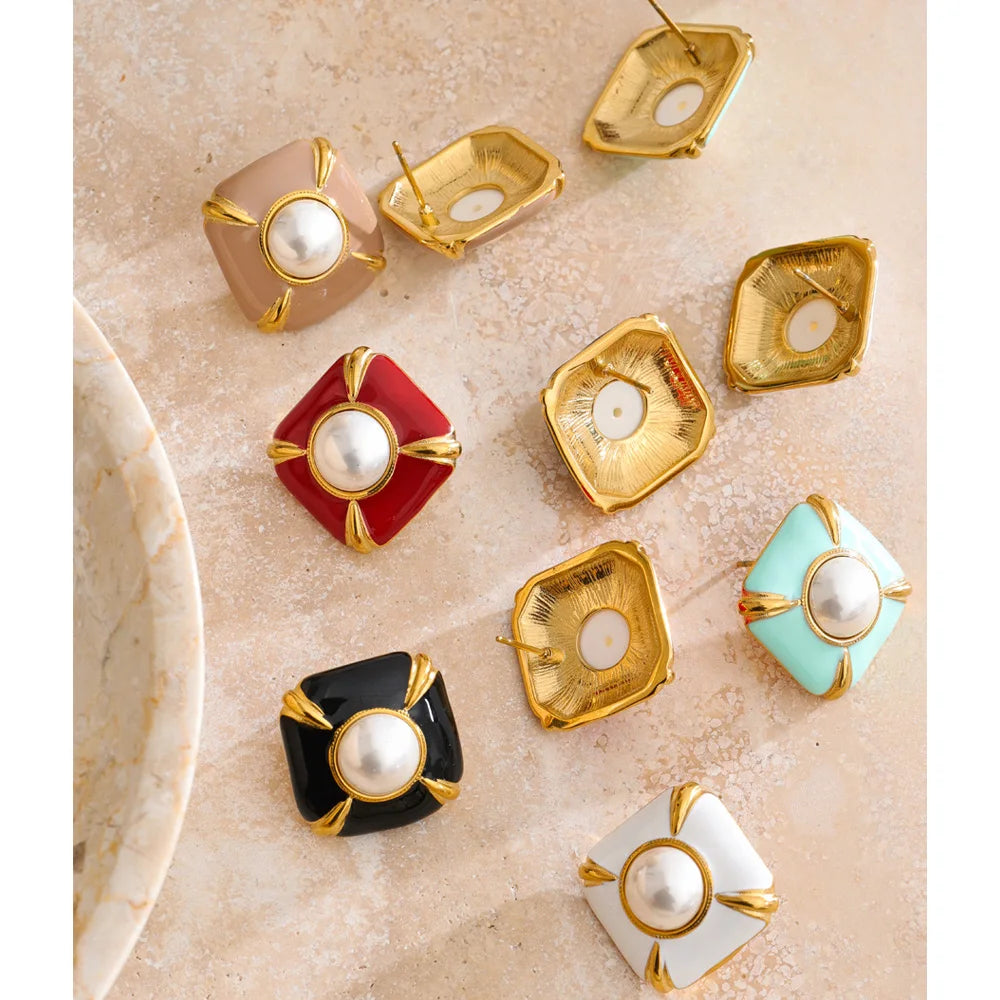 Enamel Pearl Square Studs