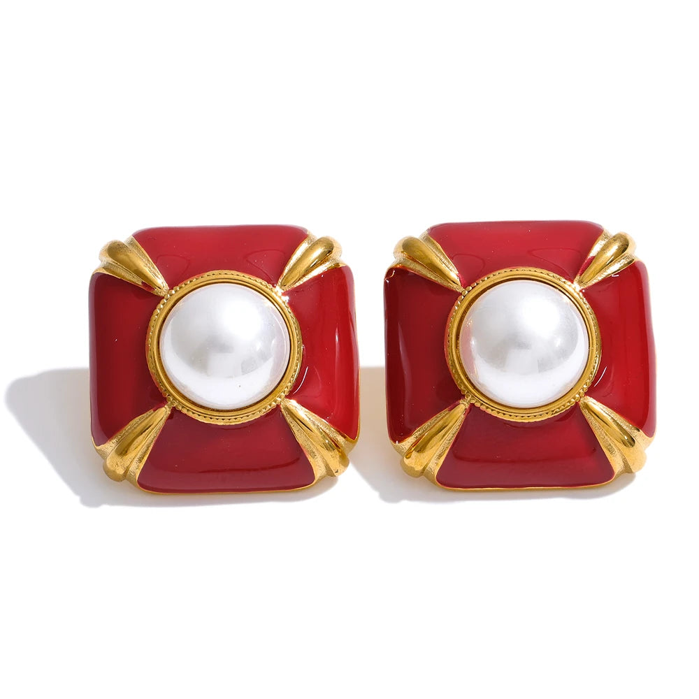Enamel Pearl Square Studs